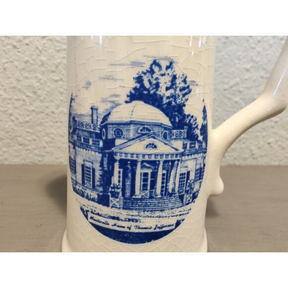 Vintage Monticello 5" Souvenir Pitcher Blue Transferware Gold Trim Crackle Glaze - Picture 9 of 10